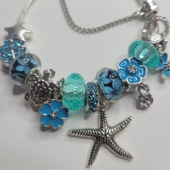 NWT Pandora Style Charm Bracelet Blue And Silver Ocean Drive Snap Close 6.5 Inch - Picture 4 of 6